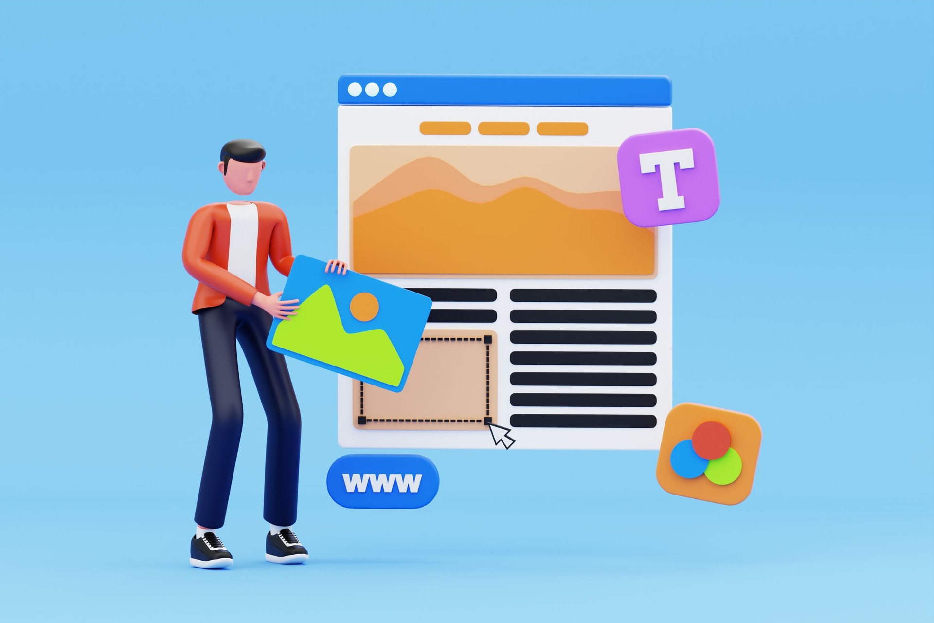 Web Designer 3D Illustration. Web Designer Working on Landing Page Design 3D Illustration