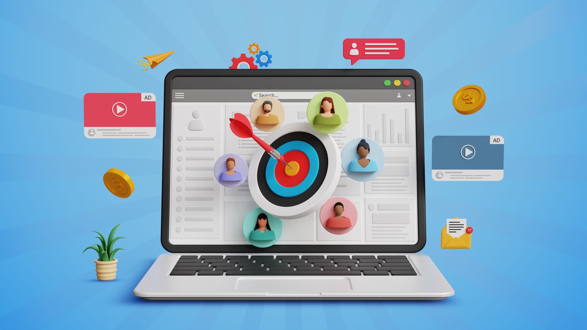 Target customer, marketing segmentation, ads strategy, digital marketing, advertising campaign, customer acquisition concept. 3D laptop with dartboard and target audience
